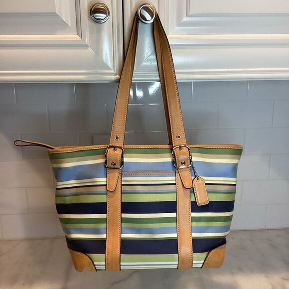 Coach Canvas Striped Medium Hampton Tote - Picture 1 of 12